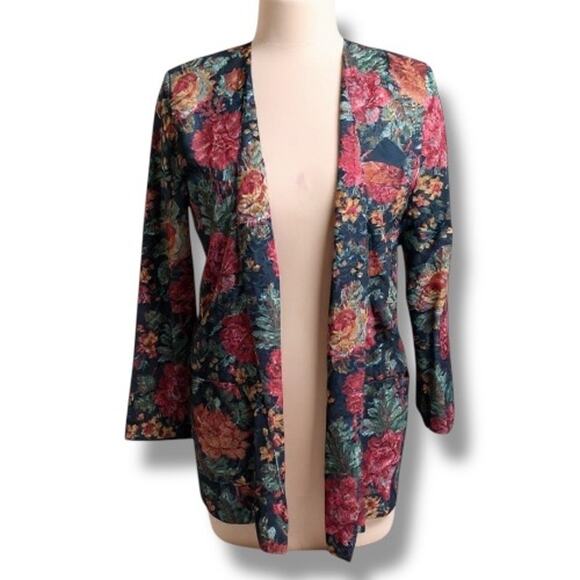 Vintage 90s SL Petites Floral Tapestry Blazer Jacket Burgundy Open Front Pocket - Picture 1 of 11
